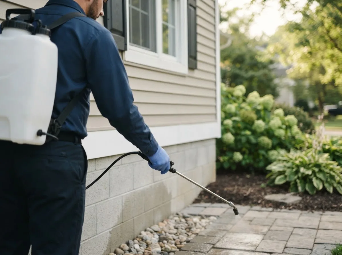 Pest control technician inspecting a home in Montgomery City, MO